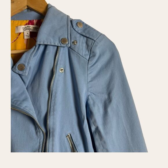 Color Me Courtney Dennis Blue Canvas Crop Biker Moto Jacket Size 4 - Picture 9 of 16
